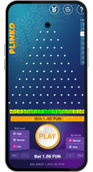 Plinko win result with 10 lines and 1.00 FUN payout