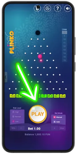 Ball dropping through the pegs during mobile Plinko play