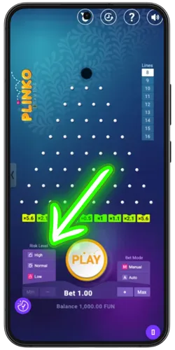 Plinko board interface showing row count and risk level controls