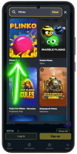 Mobile lobby showing different Plinko game variants